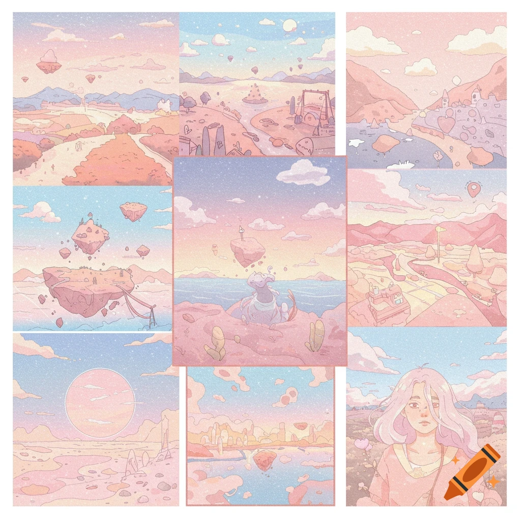 Grid of pastel fantasy illustrations featuring floating islands, landscapes, and a girl