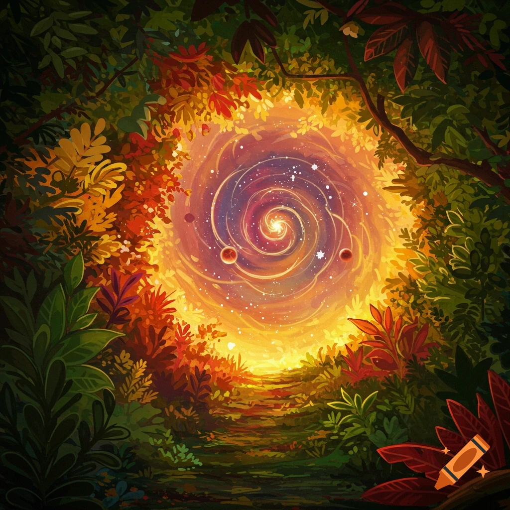 A forest clearing opens to a swirling cosmic portal with stars and planets.