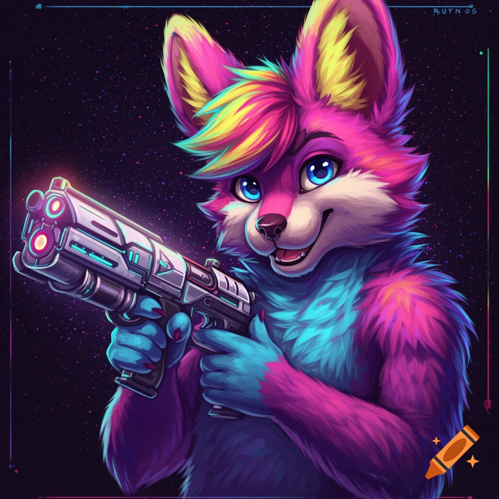 Vibrant furry character with neon fur holds a futuristic blaster pistol in space.
