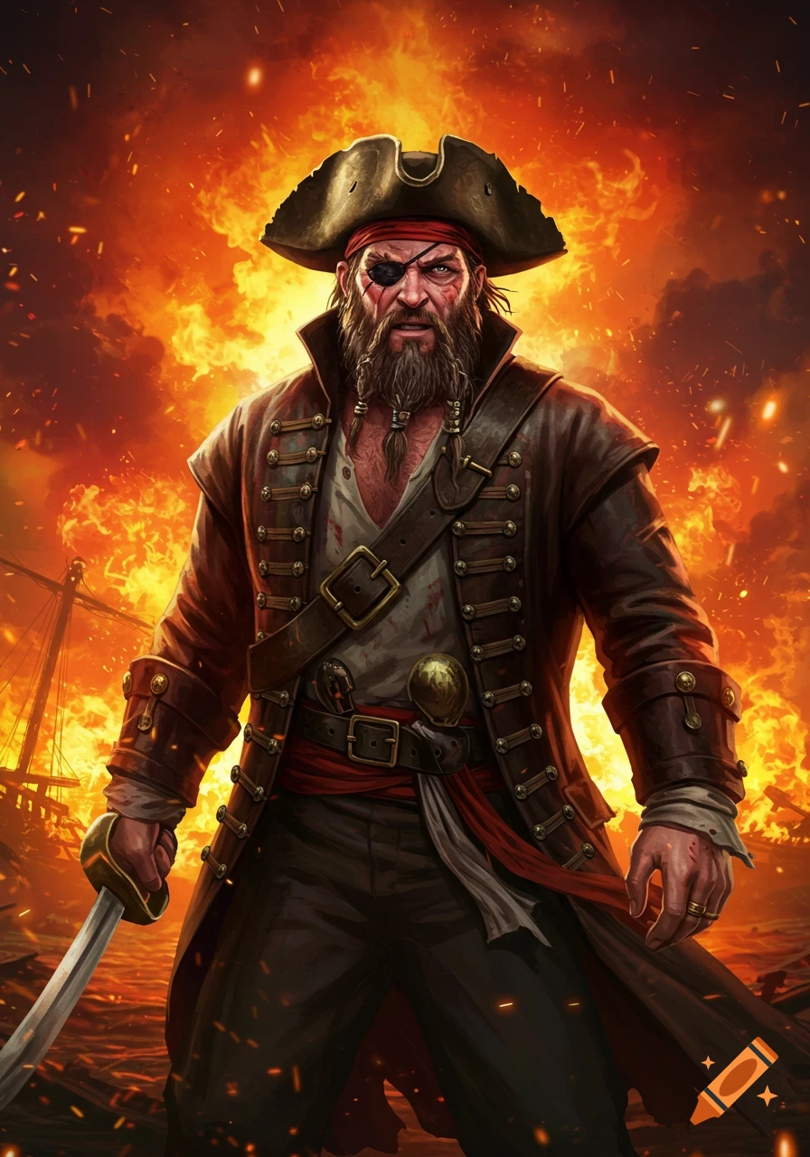 A rugged pirate with an eyepatch and beard holds a sword against a fiery background.