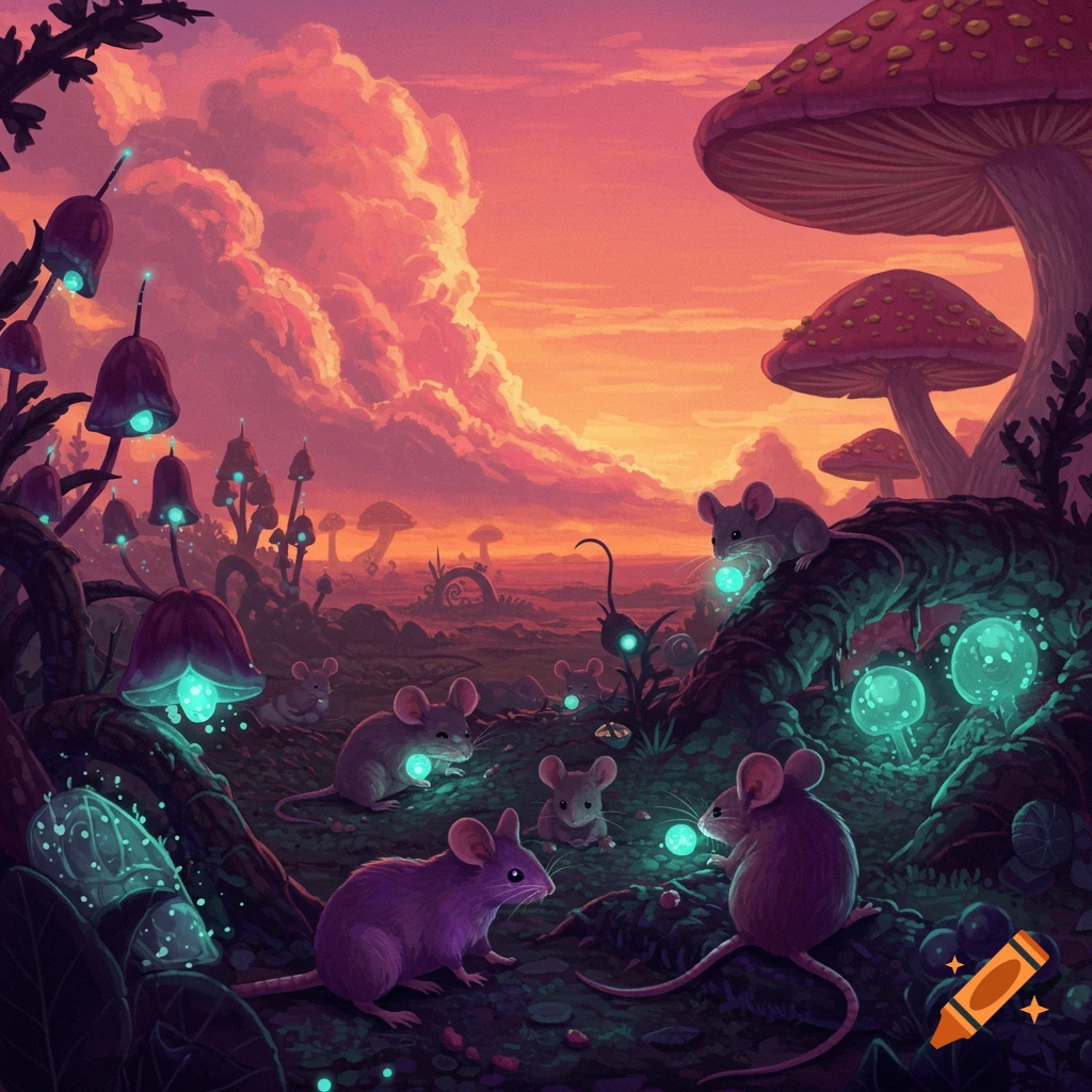 Mice in a fantasy landscape with glowing mushrooms under an orange sky.