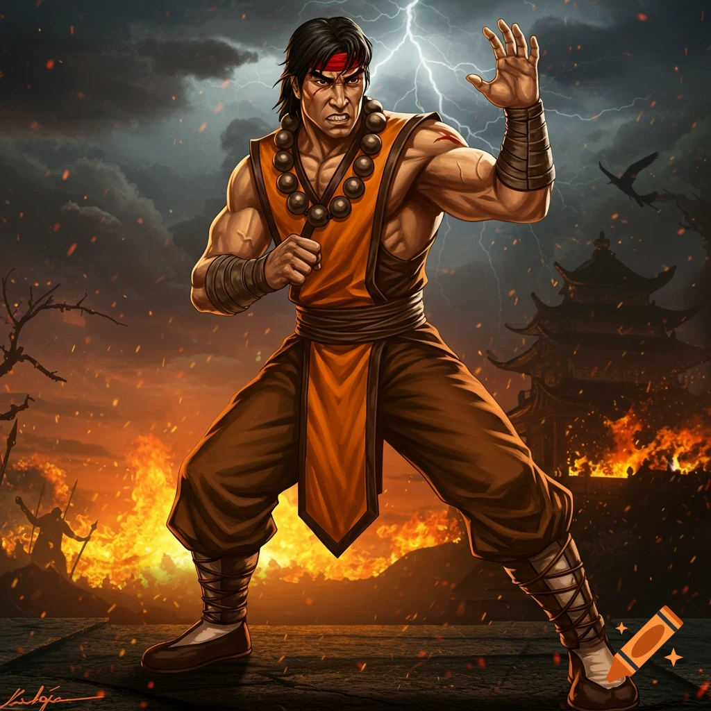 A martial artist in an orange outfit is in a fighting pose against a fiery background with a temple and lightning.