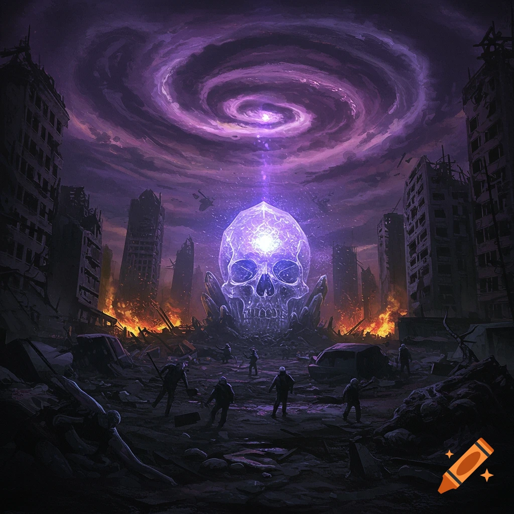 A giant glowing purple crystal skull in a ruined city under a swirling purple sky.