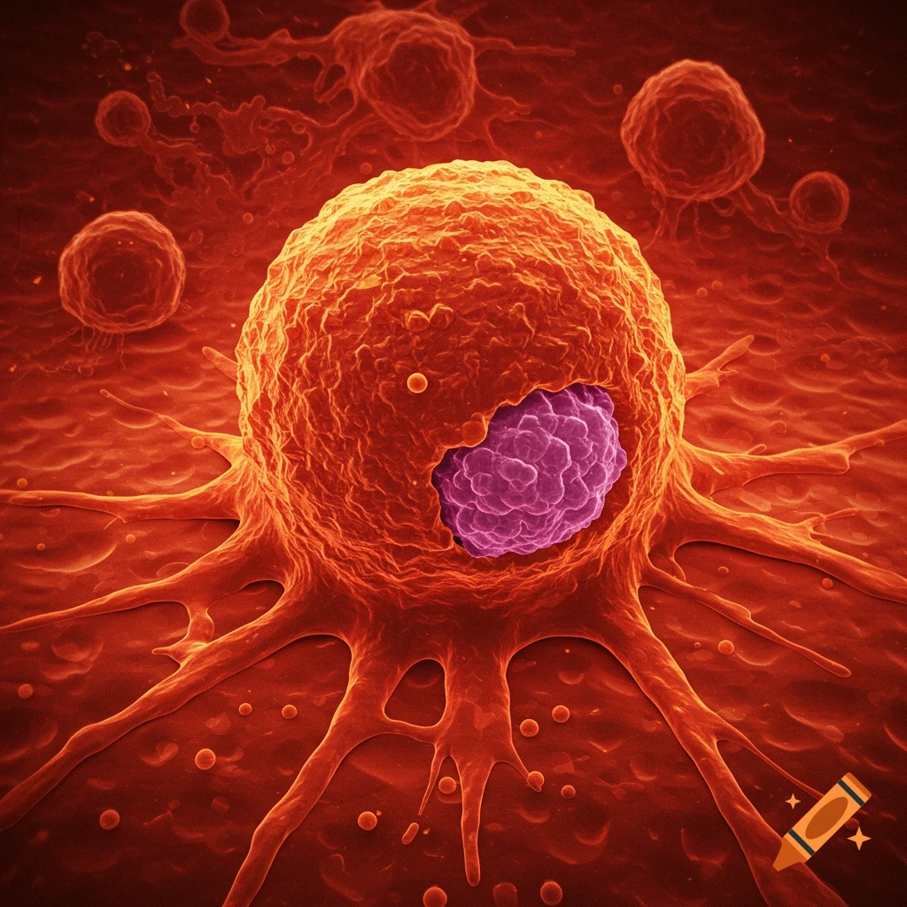 Close-up digital rendering of a cancer cell with tentacle-like extensions and a purple nucleus, surrounded by smaller cells.