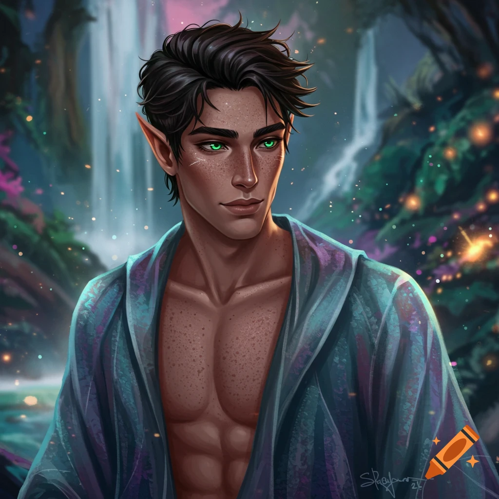 A handsome male Fae with dark hair, green eyes, freckles, and a fit body, wearing an open robe in a forest.