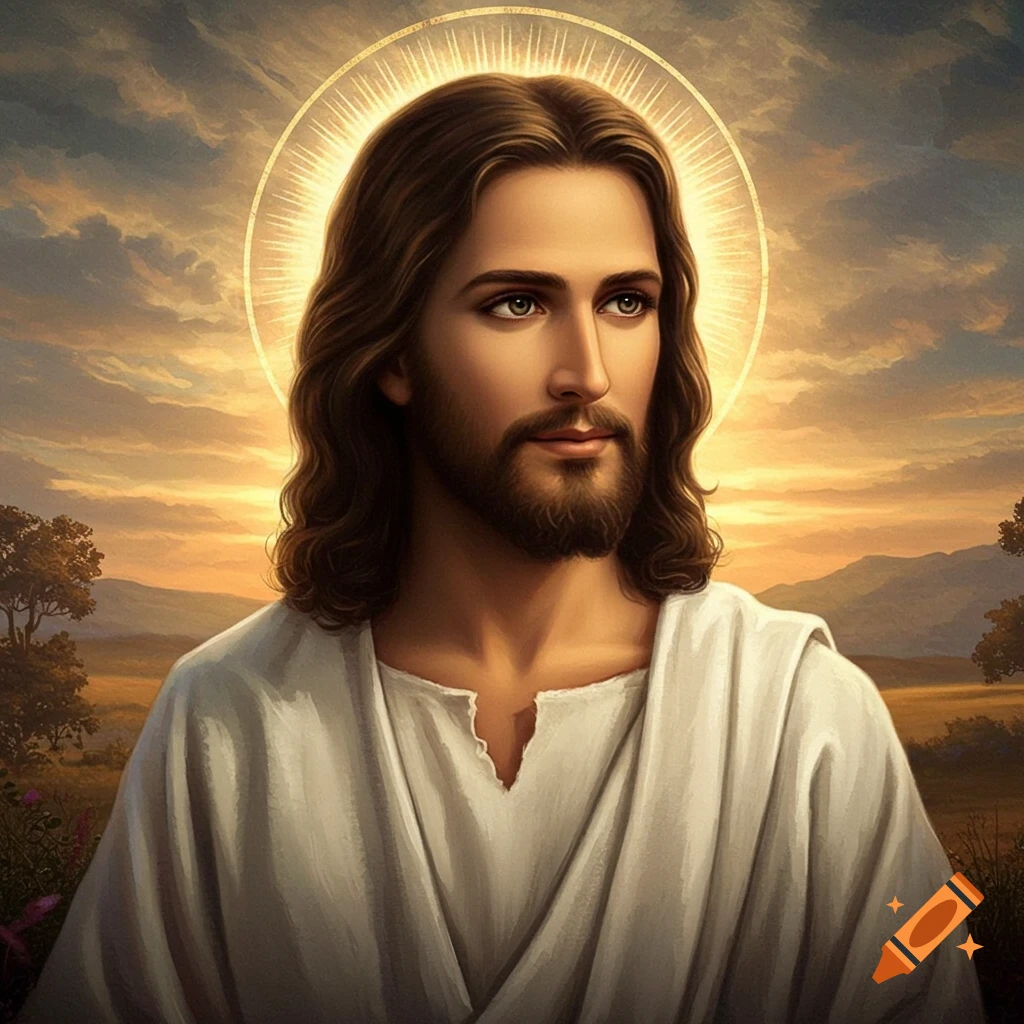 Painting of Jesus with a halo, looking to the side, against a sunset landscape.
