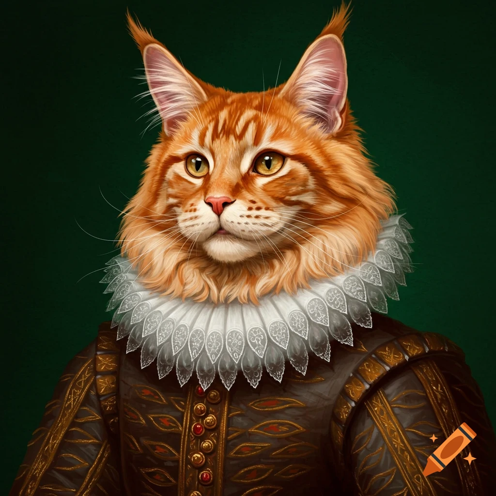 An orange Maine Coon cat wearing a Renaissance ruff and costume.