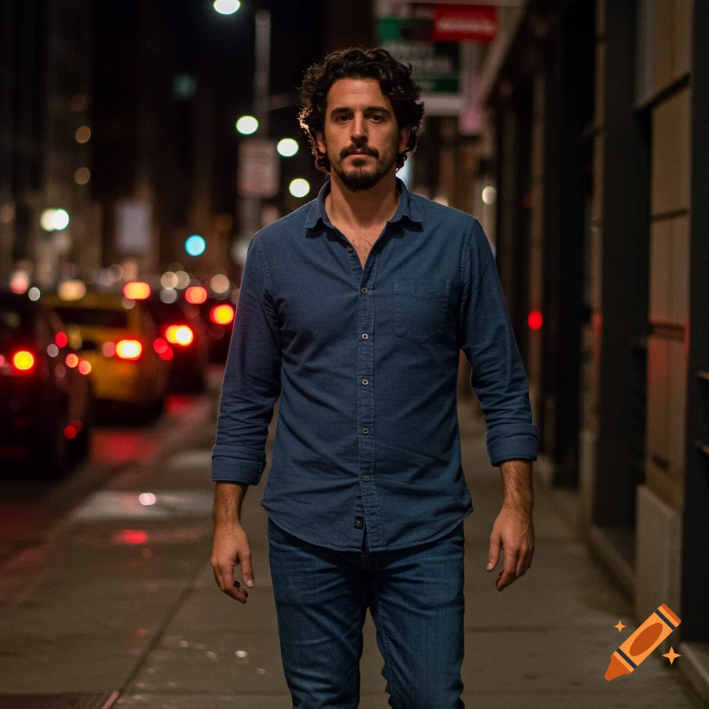 A man walks down a city street at night.