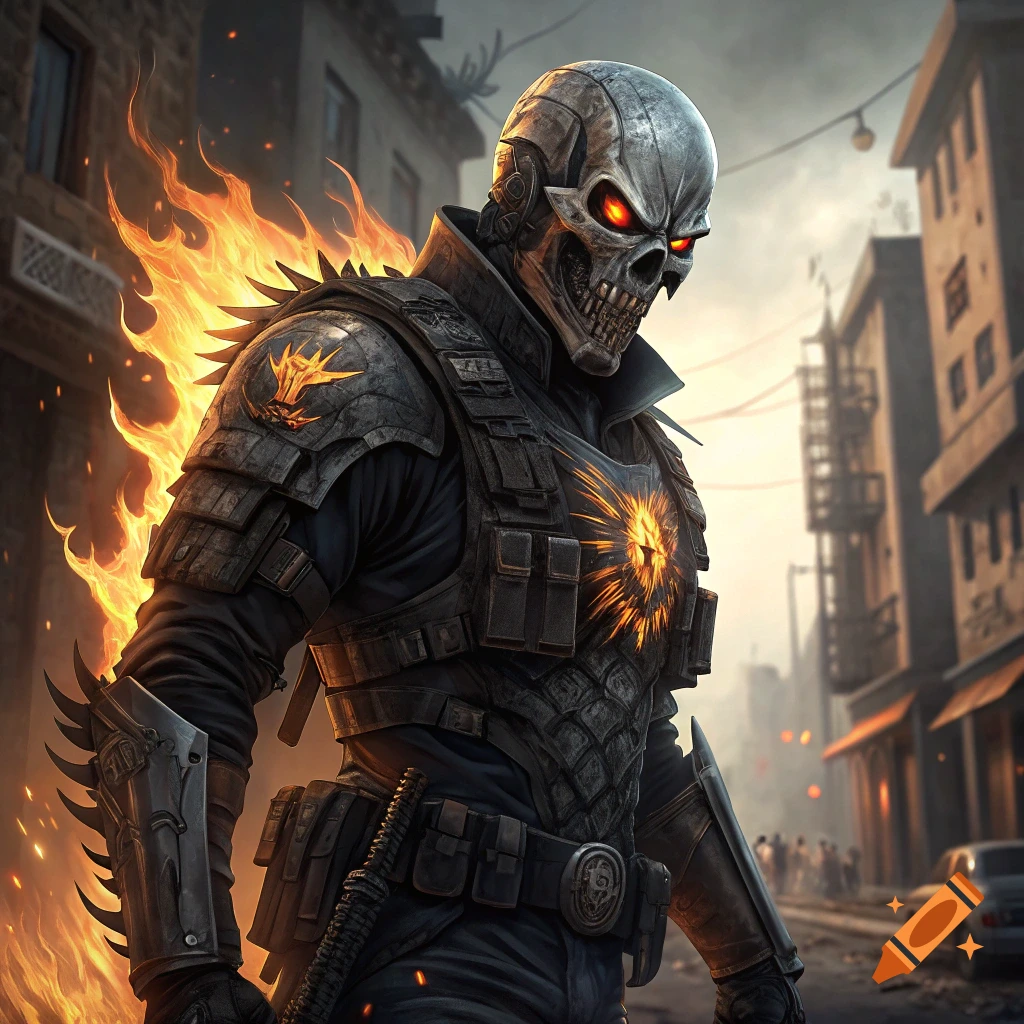 Figure with skull face and armor engulfed in flames stands in a city street.