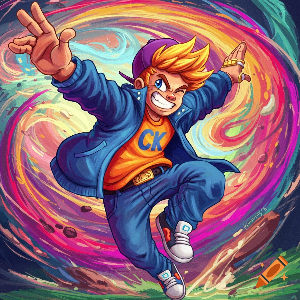 A boy in street clothes is captured mid-air, jumping in front of a colorful swirling background.