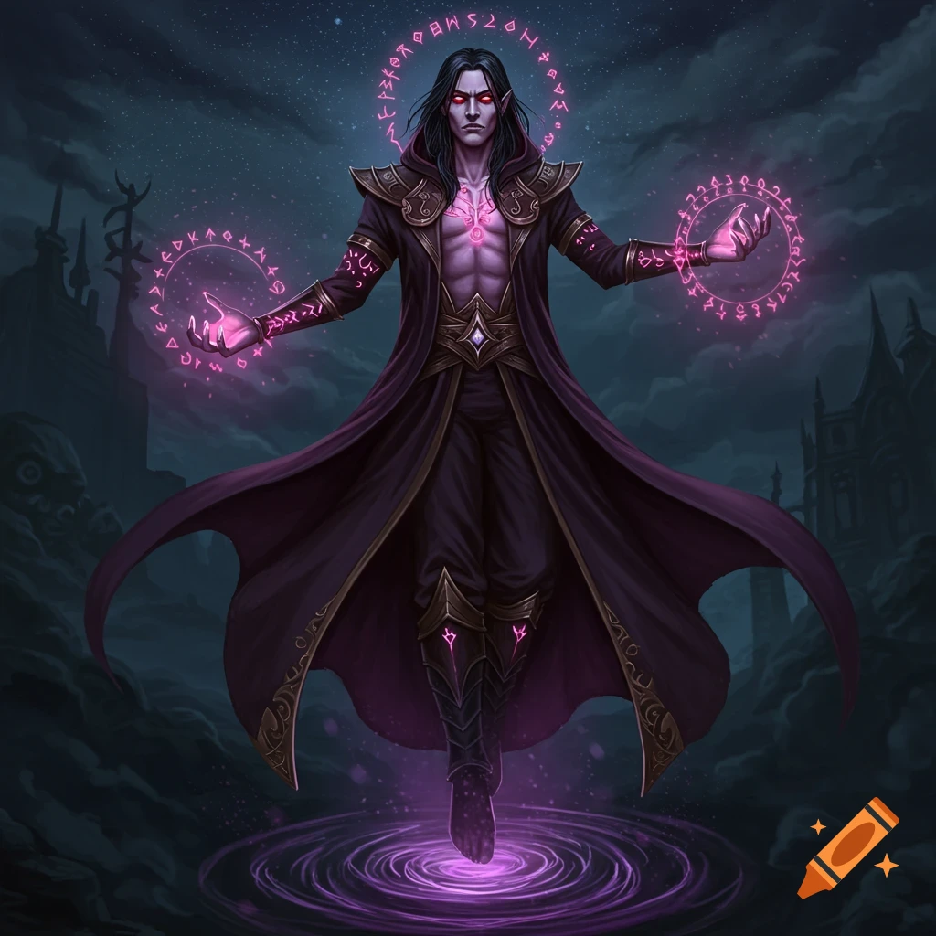Dark fantasy character casting purple magic spells at night.