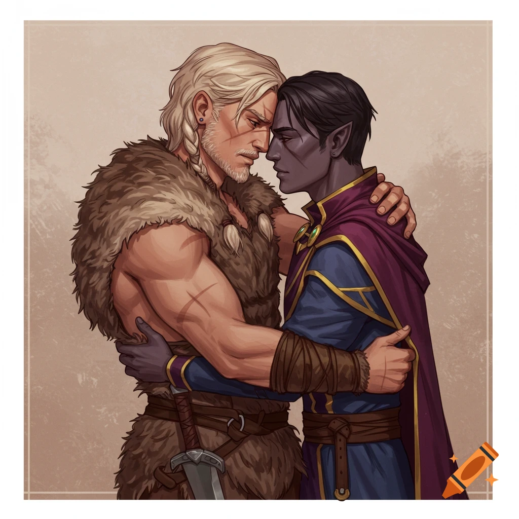 A barbarian chief and a sorcerer prince embracing.