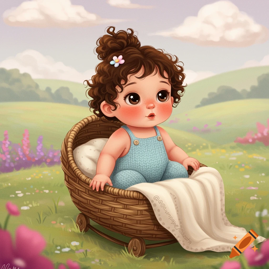 Whimsical image of a cute baby in a bassinet in a meadow.