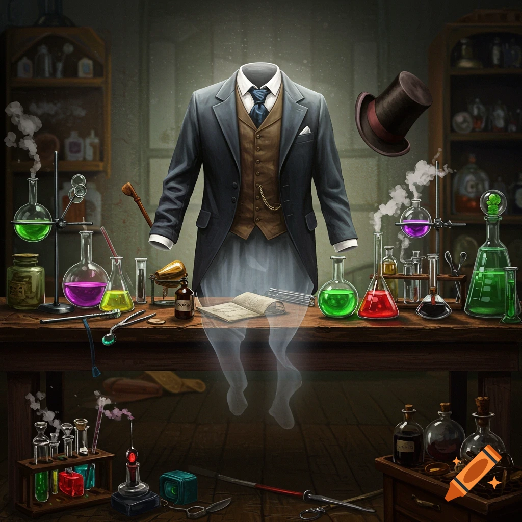 Invisible man in a Victorian suit floats over a lab table with beakers and chemicals.