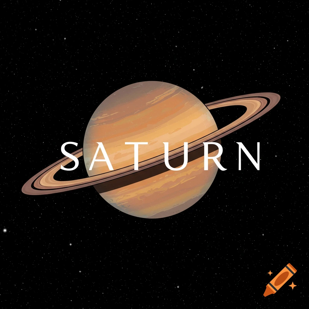 Illustration of the planet Saturn and its rings with the word SATURN over it against a starry background.