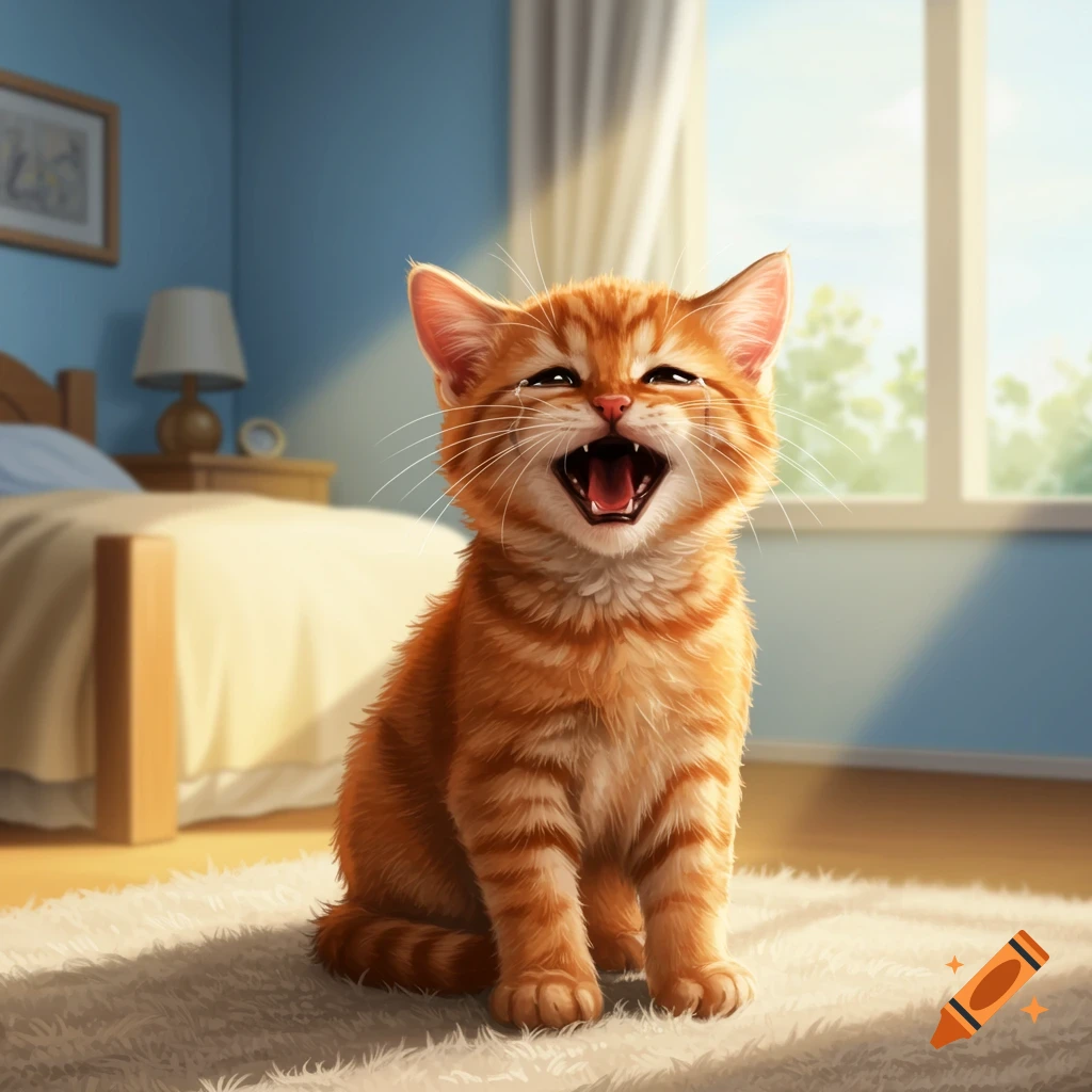 An orange tabby kitten sits on a rug in a sunny bedroom with its mouth open.