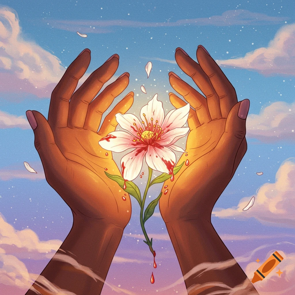 Hands holding a glowing white flower with red drops, against a cloudy sky.