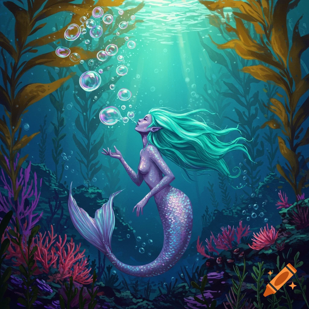A mermaid blows bubbles underwater.