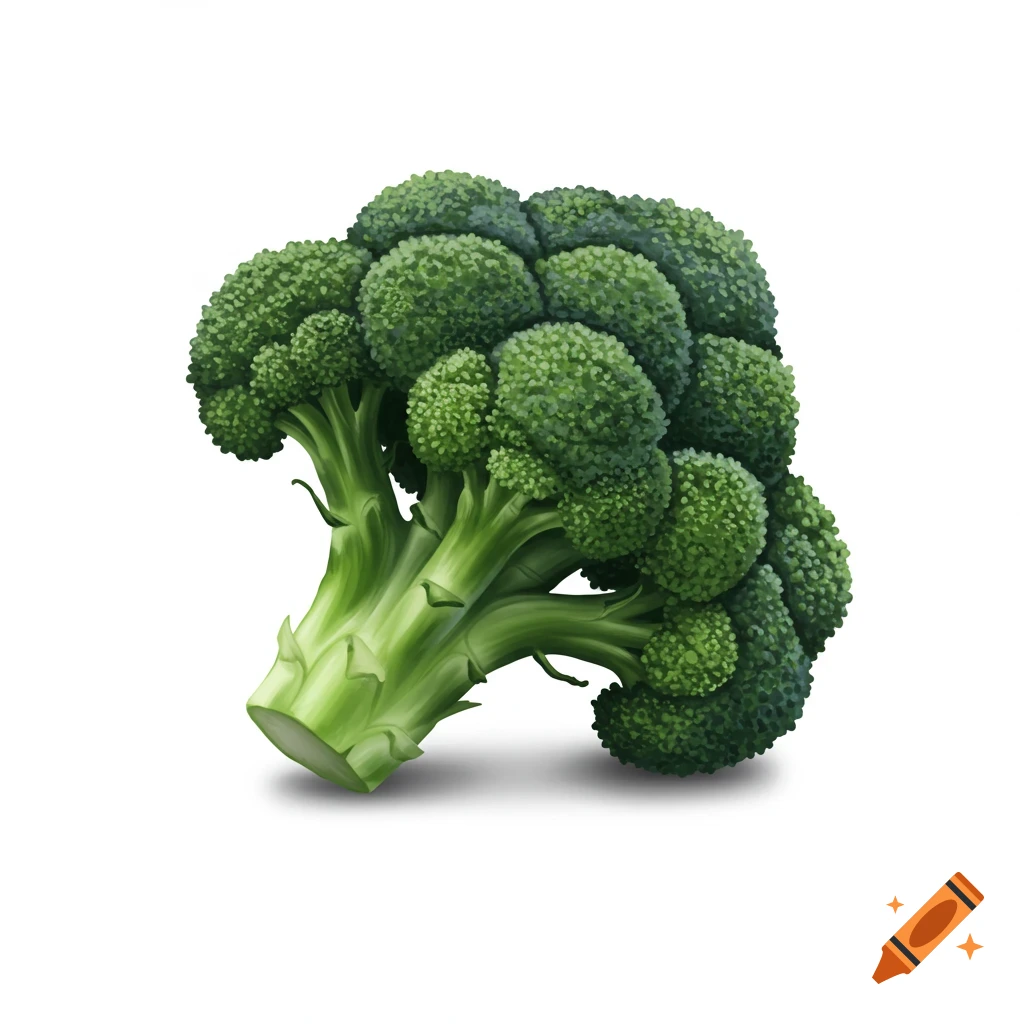A green broccoli head on a white background.