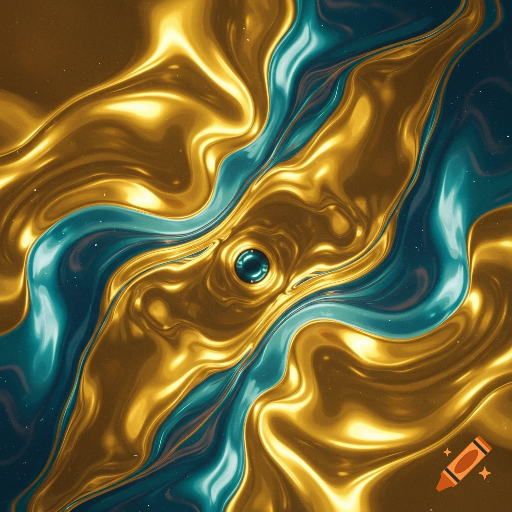 Abstract swirling metallic liquid gold and teal with a dark central sphere and speckles, like futuristic space.