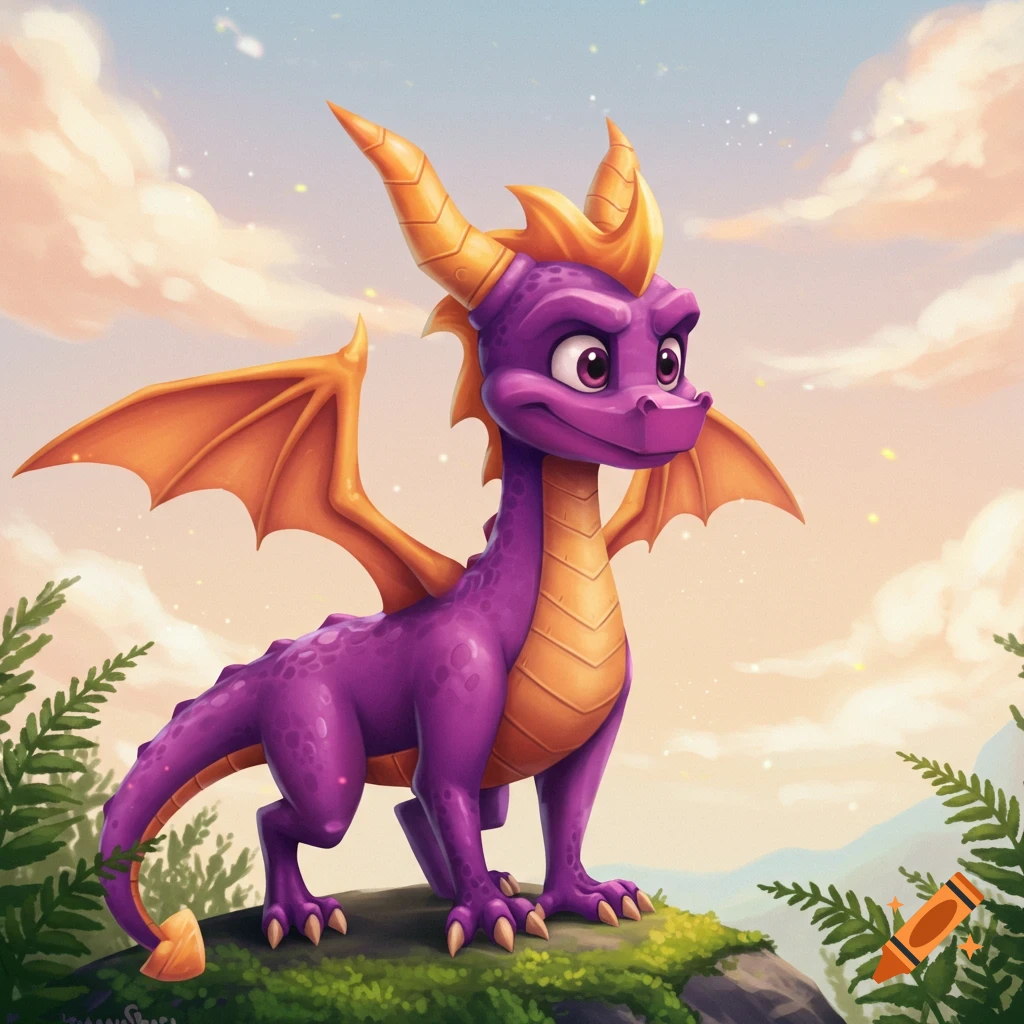 A purple dragon, Spyro, stands on a rock against a cloudy sky.