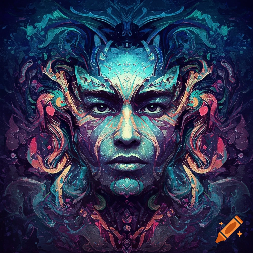 A face is adorned with intricate abstract patterns in blue, purple, and orange.