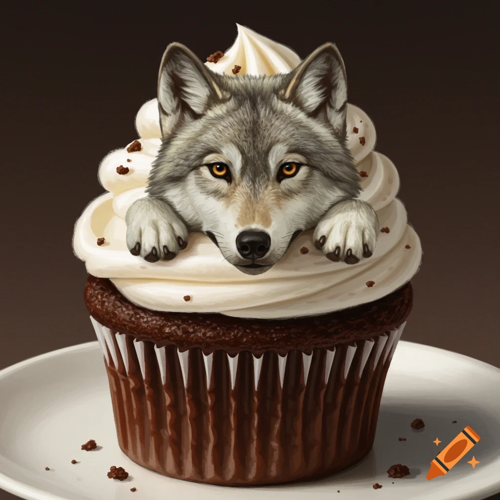 Realistic image of a wolf head and paws on a chocolate cupcake with white frosting.