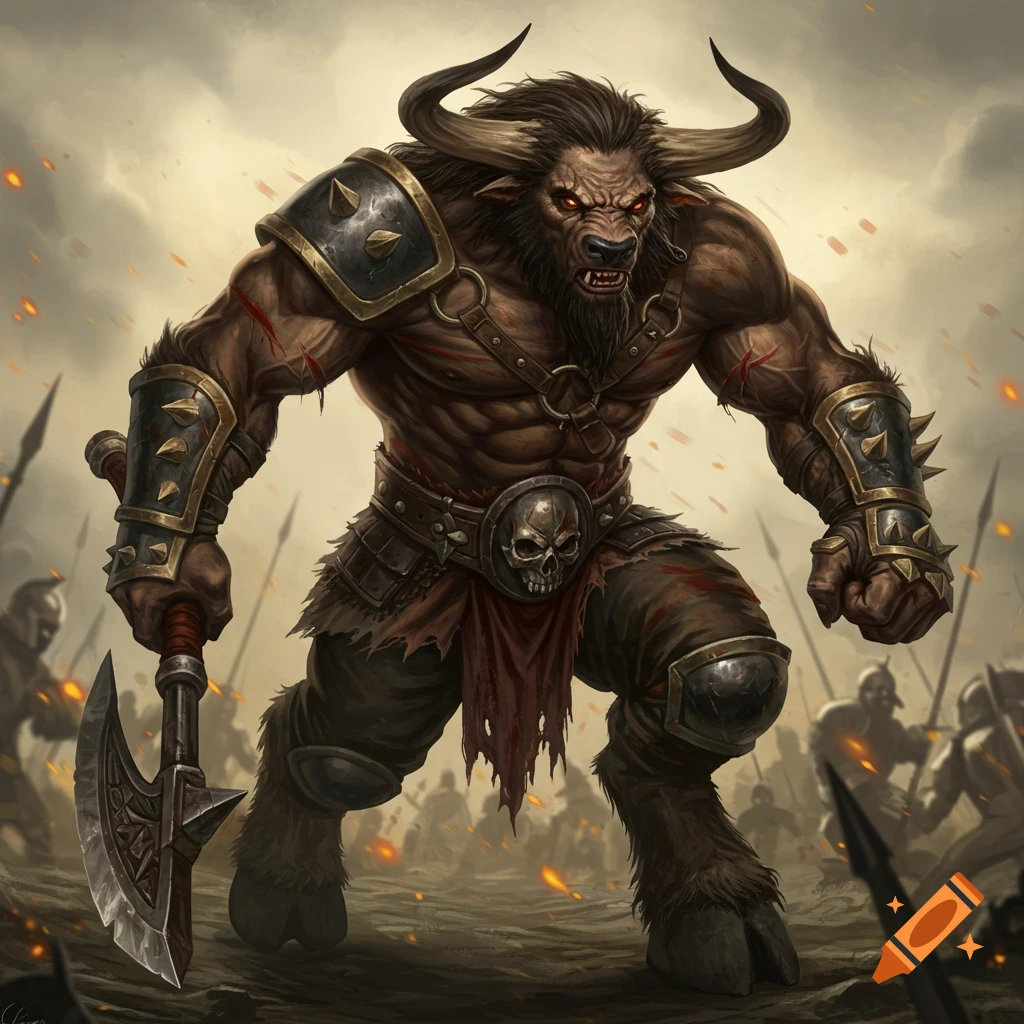 A powerful minotaur warrior in battle armor stands on a battlefield.
