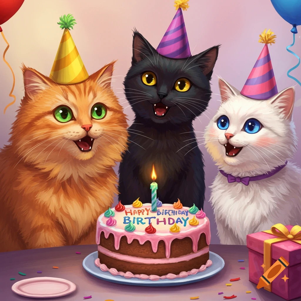 Three cartoon cats wearing party hats look at a birthday cake with a lit candle.