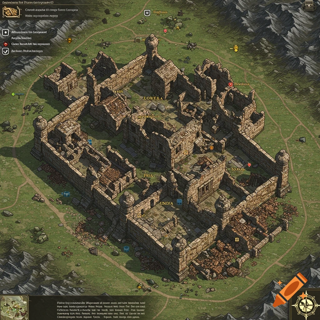 Isometric fantasy tactical map showing ancient stone ruins in a mountainous area with labels.