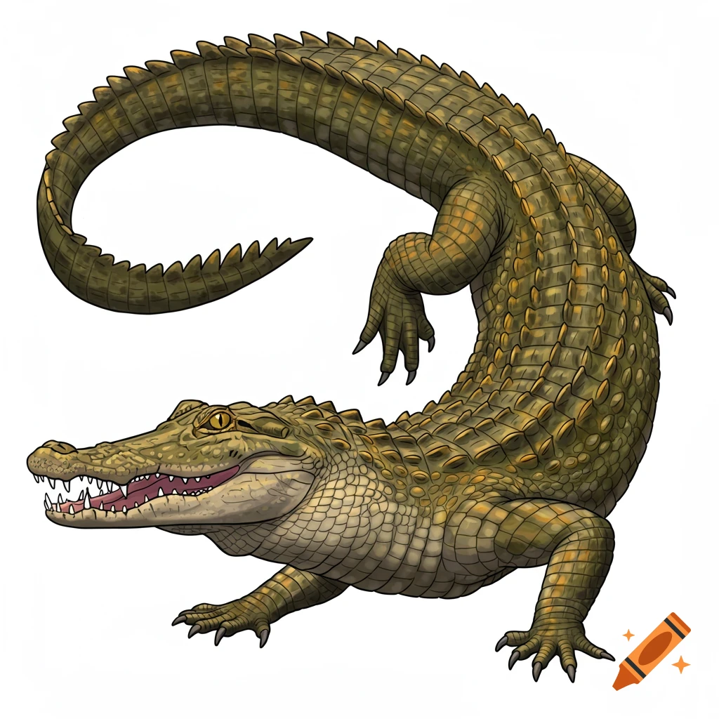 Illustration of a green alligator with its mouth open, on a white background.