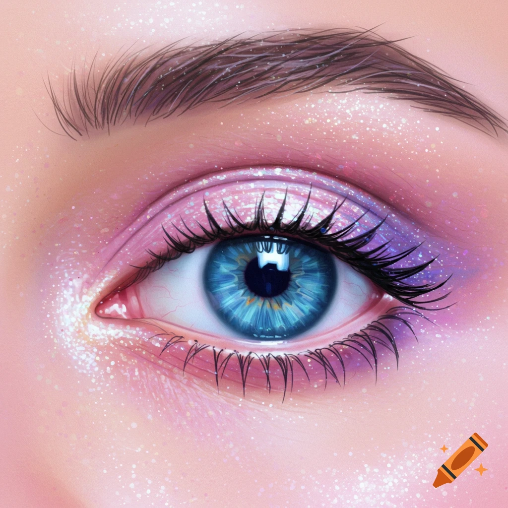 A bright blue eye with pink and purple glittery makeup.