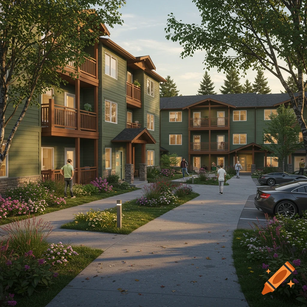 A realistic photo of a green suburban apartment complex with balconies, surrounded by trees and gardens, with people walking on a path.