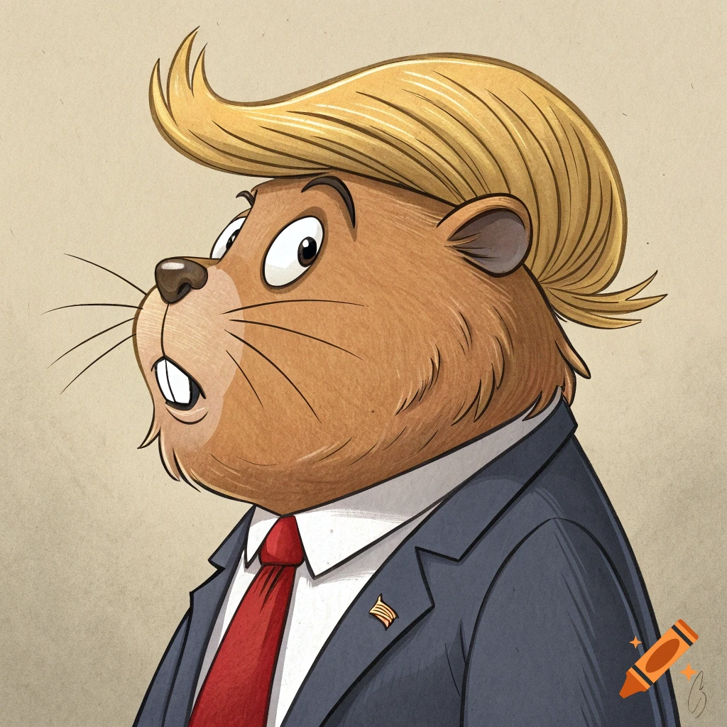 Cartoon beaver character in a suit with blonde hair styled like Donald Trump.