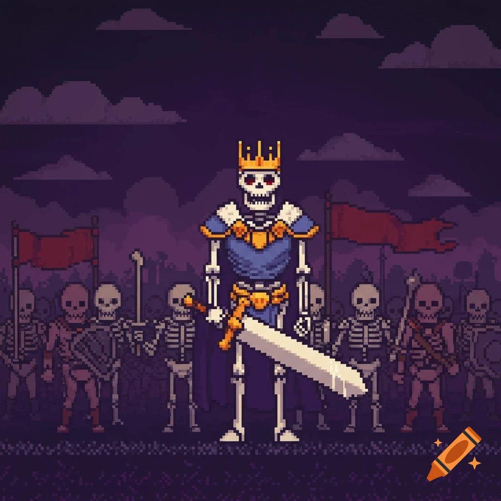 Pixel art of a skeleton king and his army