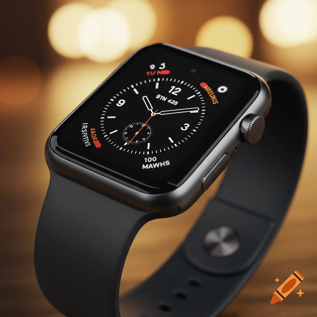 Close-up of a dark grey smartwatch with a black band, showing the watch face.