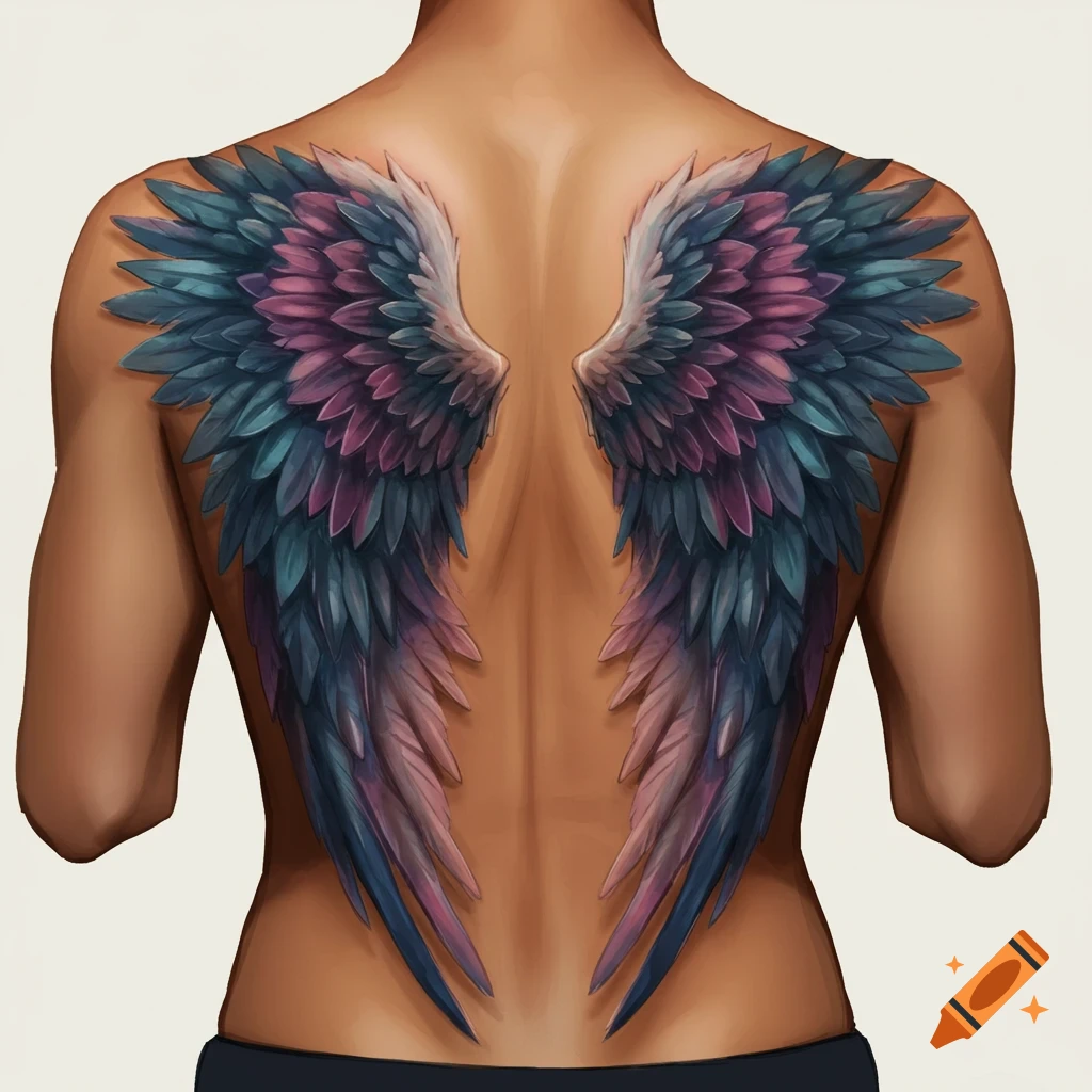 A large, colorful feather tattoo of angel wings spread across a person's back.
