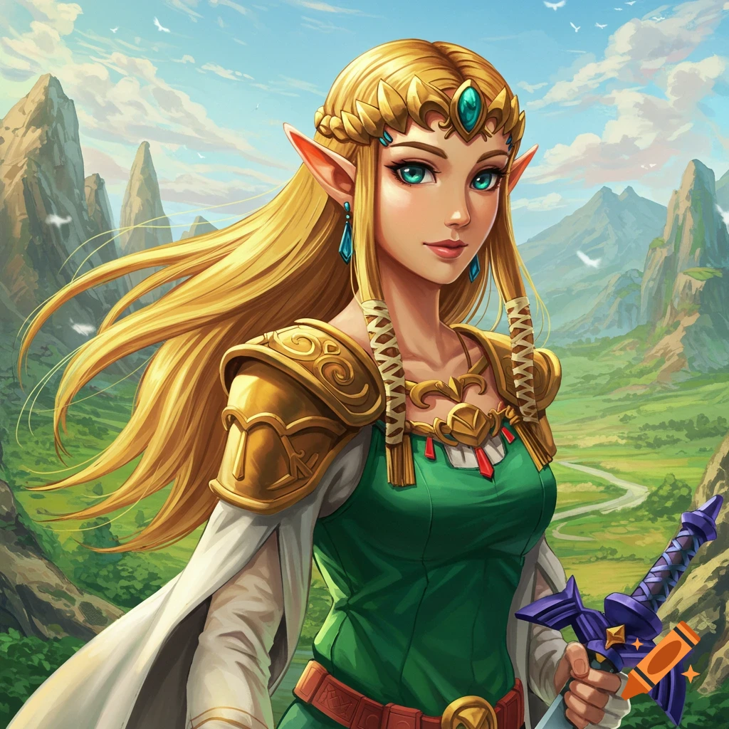 Princess Zelda is depicted in a fantasy landscape with a sword.