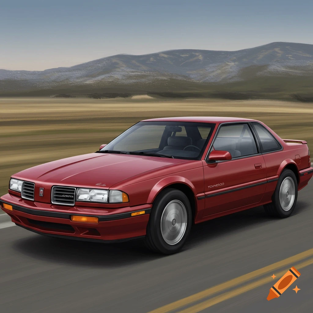 A red coupe drives on a road with mountains.