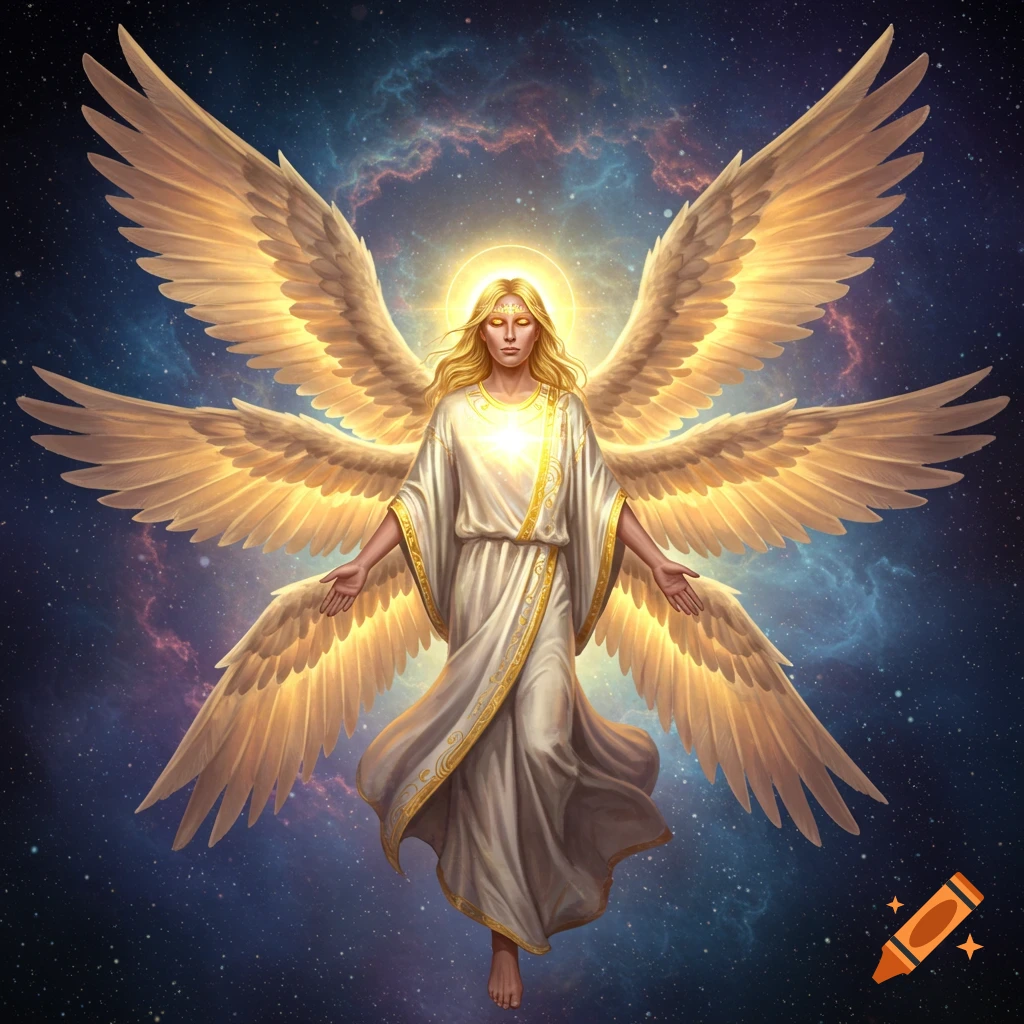 A multi-winged Seraphim angel with a halo floating in space.