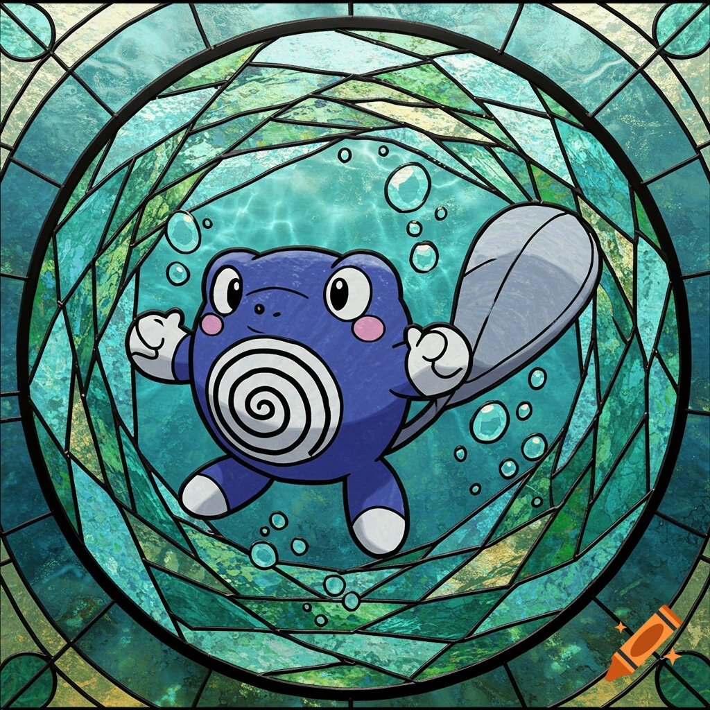 Poliwhirl in a stained glass window