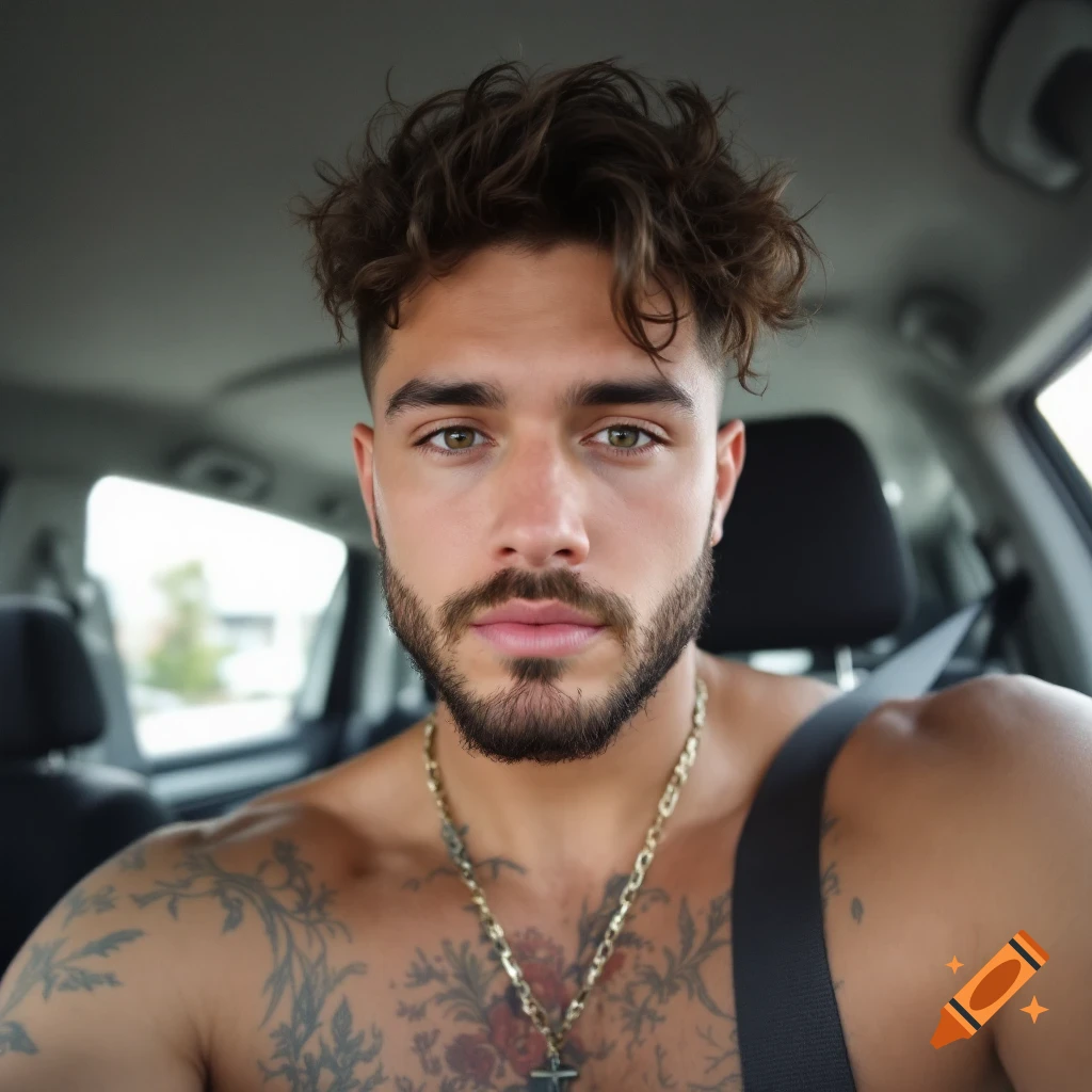 Photorealistic selfie of a man in a car with tattoos and a necklace.