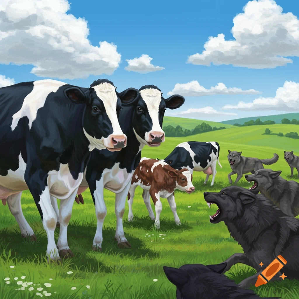 Cows and a calf stand their ground against attacking wolves in a grassy field.