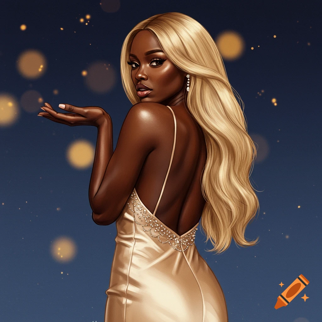 A Black woman with long blonde hair in a gold evening gown, looking back.