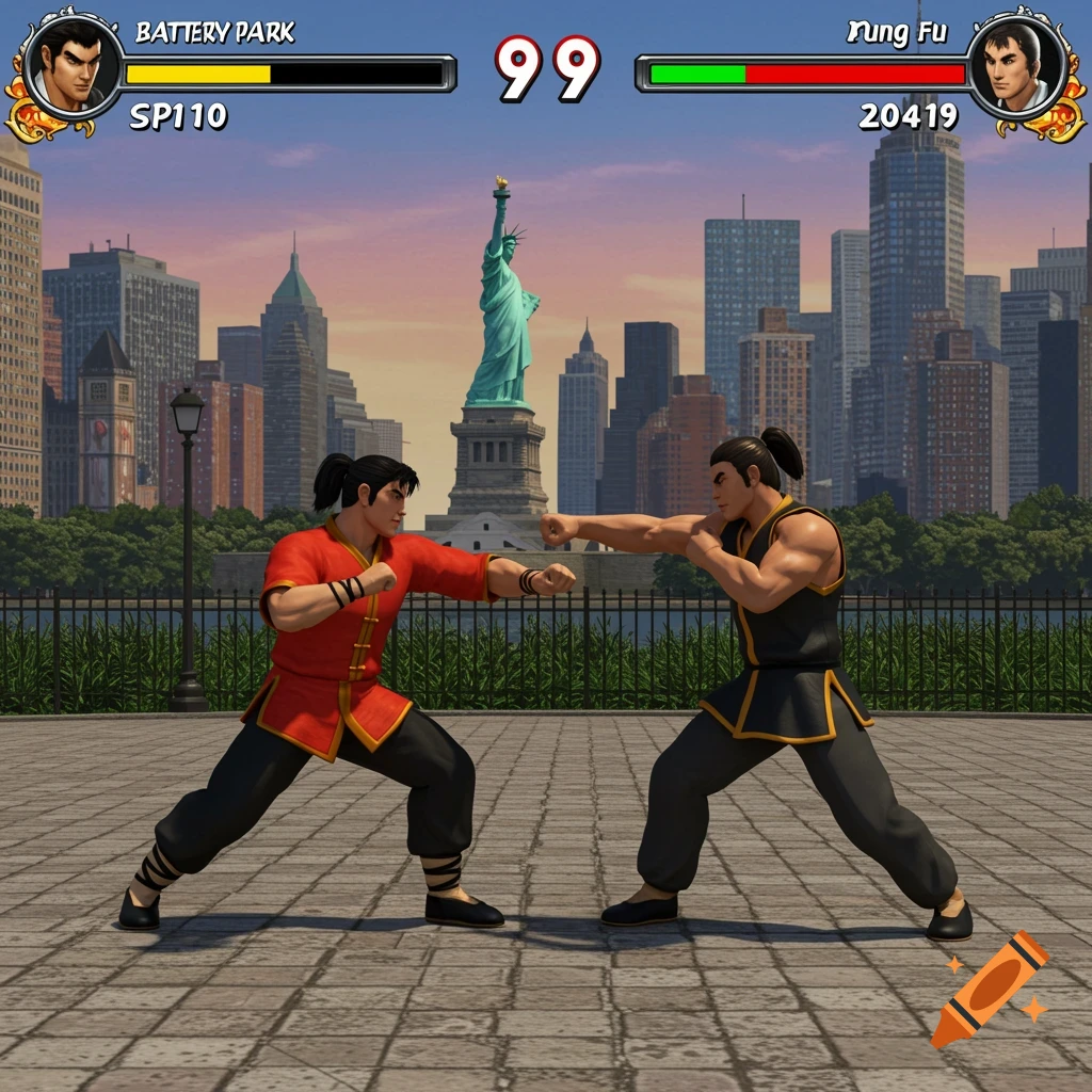 Two martial artists fight in a 3D game style with a PS2 aesthetic, with the Statue of Liberty and NYC skyline in the background.