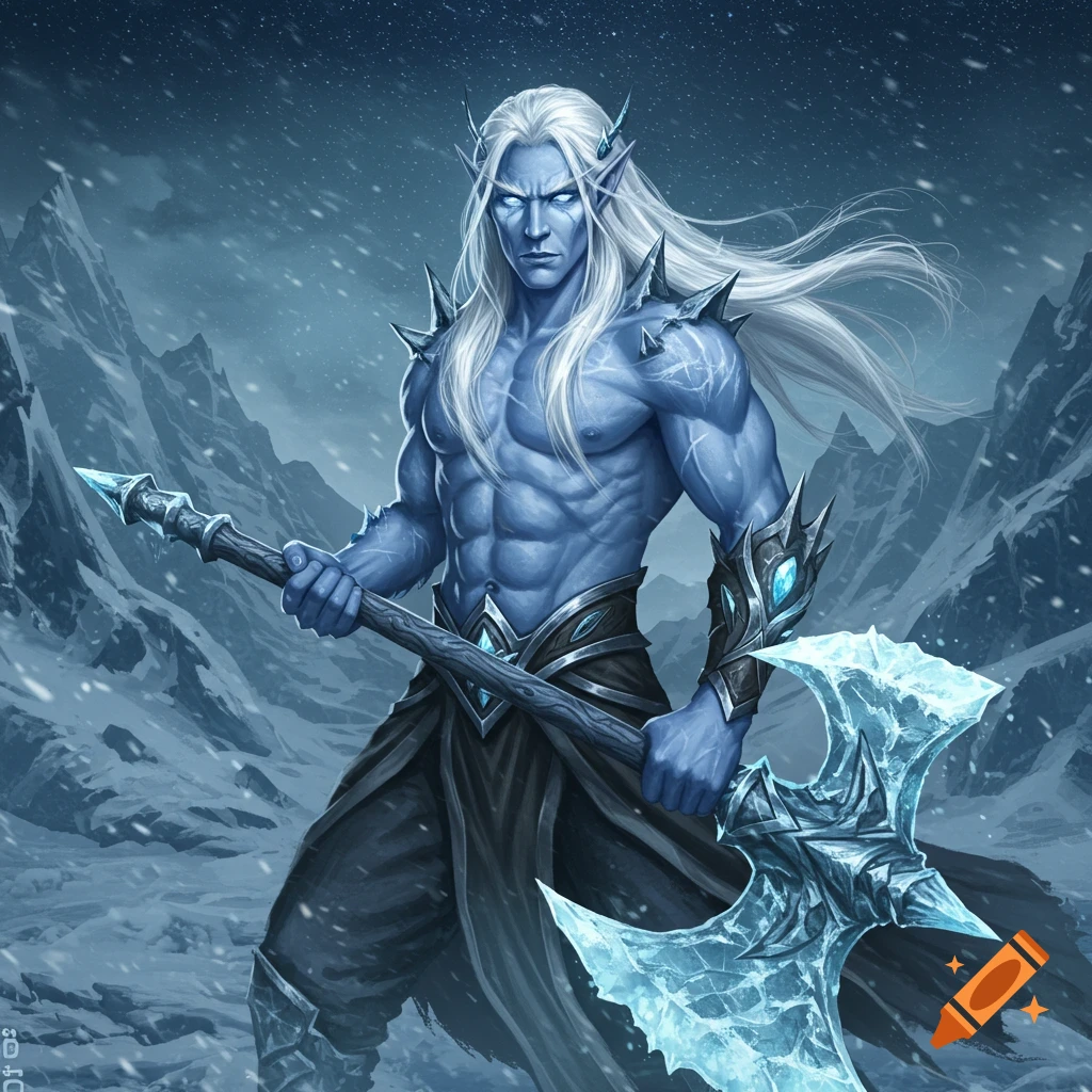 Blue-skinned fantasy demigod with white hair and elven features holds a large icy axe in snowy mountains.