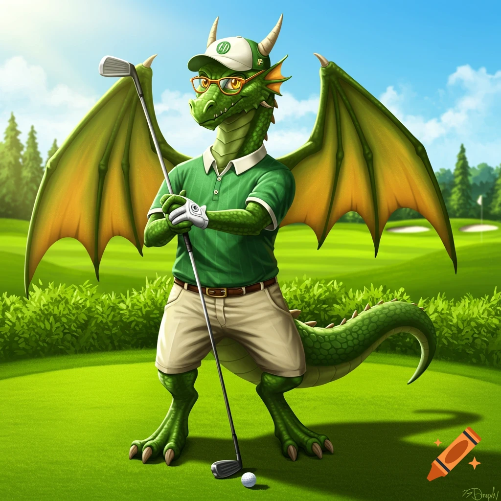 A green dragon is playing golf on a golf course.