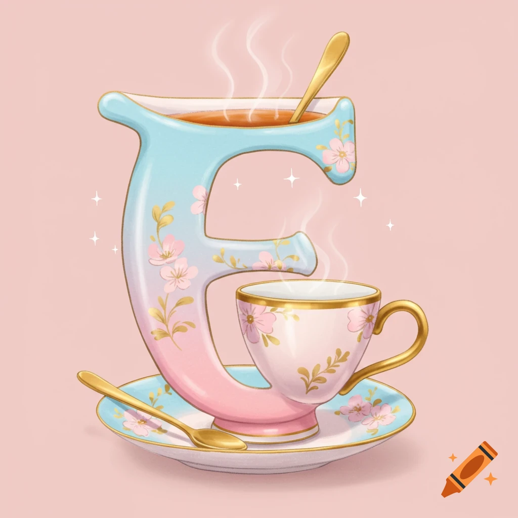 The letter E is shaped like a teacup and saucer filled with tea and spoons.