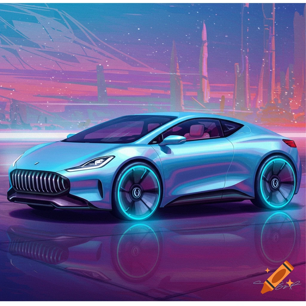 A futuristic blue car with neon wheels in a futuristic city.