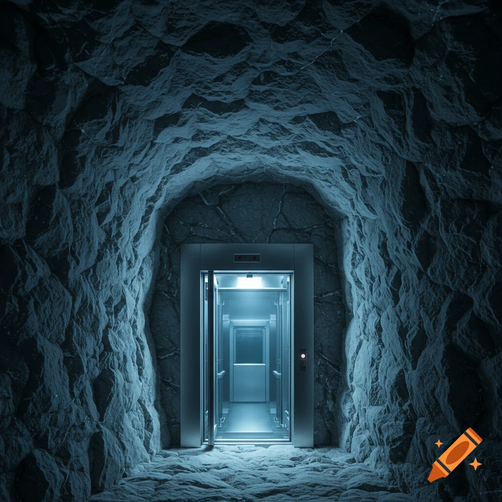 An open elevator door sits within a rocky cave, illuminated by blue light.